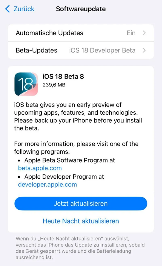 呼和浩特苹果手机维修分享苹果 iOS / iPadOS 18 开发者预览版 Beta 8 发布 